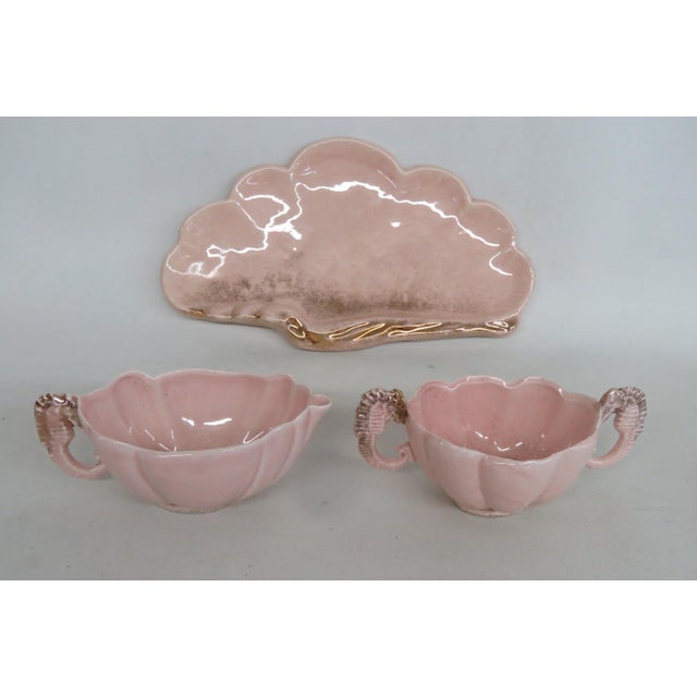Mid-Century Modern Mid 20th Century Pink Ceramic 3pc Set Tray Sugar Creamer With Gold Sea Horse Handle Design For Sale - Image 3 of 13