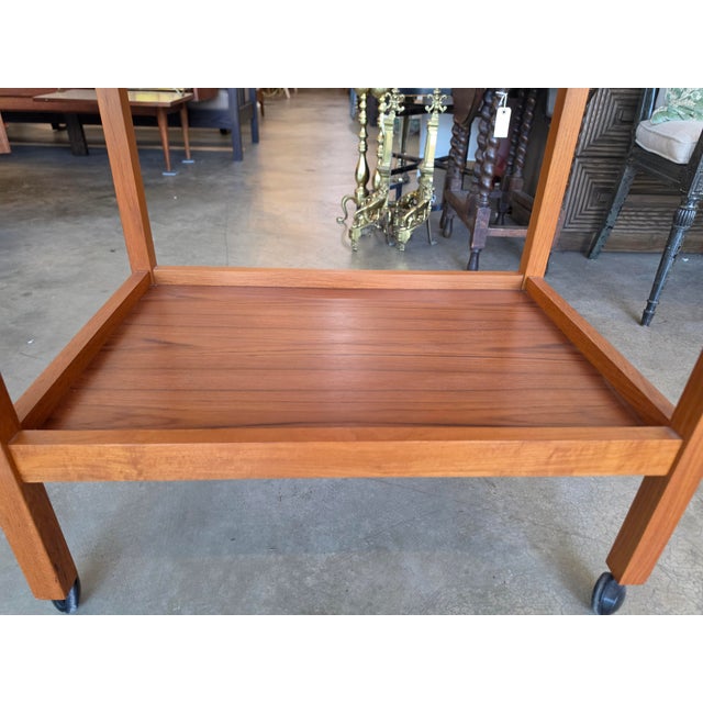 1980s Mid-Century Modern Danish Teak Rolling Bar Cart / Tea Trolley For Sale - Image 5 of 16