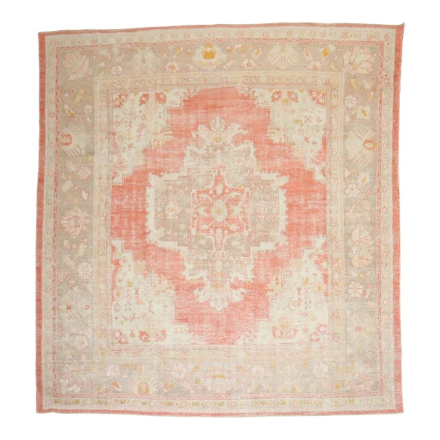 Antique Zabihi Collection Soft Red Ivory Square Oushak Rug For Sale