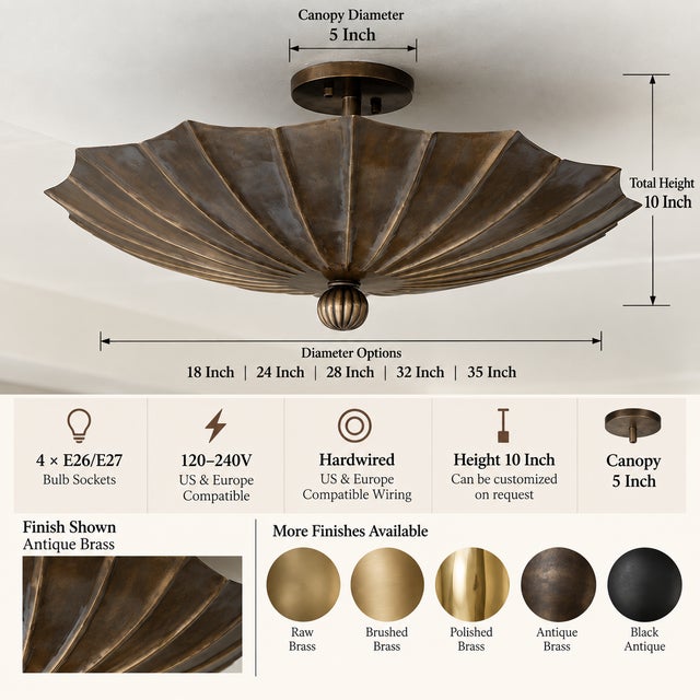 Mid-Century Modern Handmade Brass Flush Mount Ceiling Light | Sculptural Flower Petal Light Fixture For Sale - Image 3 of 14