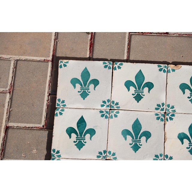 Antique 19th Century Portuguese Heraldic Motif Tiles With Teal Fleur-De-Lis Set of 28 For Sale - Image 6 of 14
