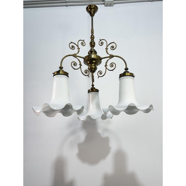 Gold Three-Light Liberty Style Pendant Light in Opal Glass, 1960 For Sale - Image 8 of 18