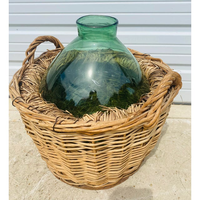 Vintage Hand Blown French Country Green Glass Jar With Basket. For Sale - Image 9 of 9