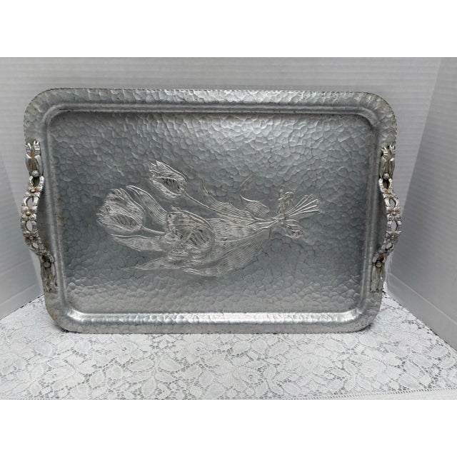 Vintage 1940s Tulip Etched Metal Serving Tray For Sale - Image 4 of 8