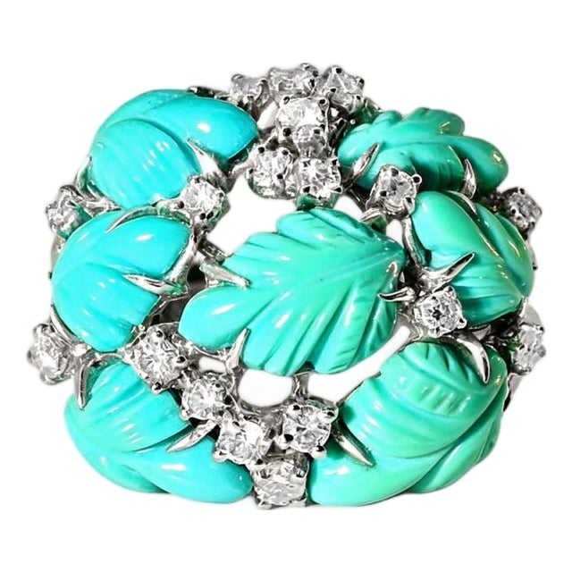 Late 20th Century Size 6 18K White Gold Turquoise and Diamond Carved Leaf Ring For Sale