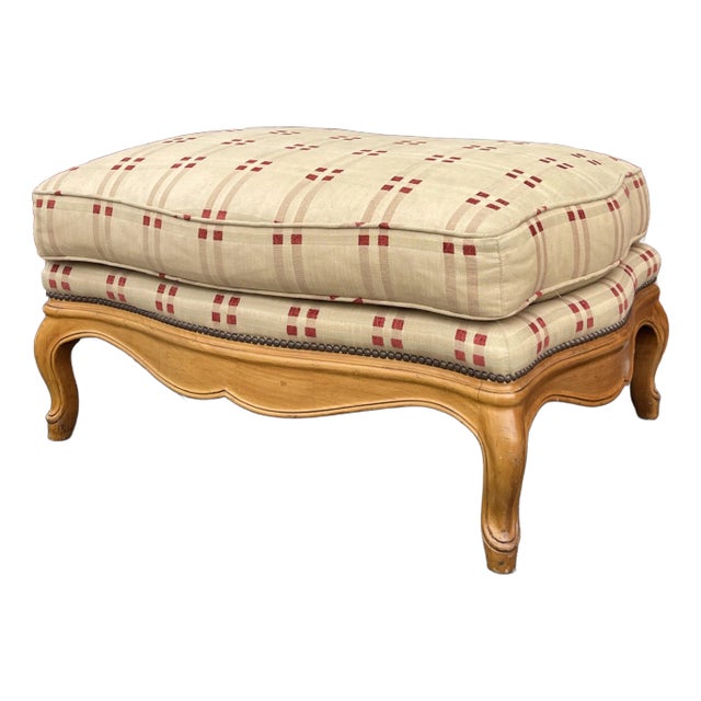 Vintage Baker Furniture French Country Ottoman in Tan & Fruitwood For Sale