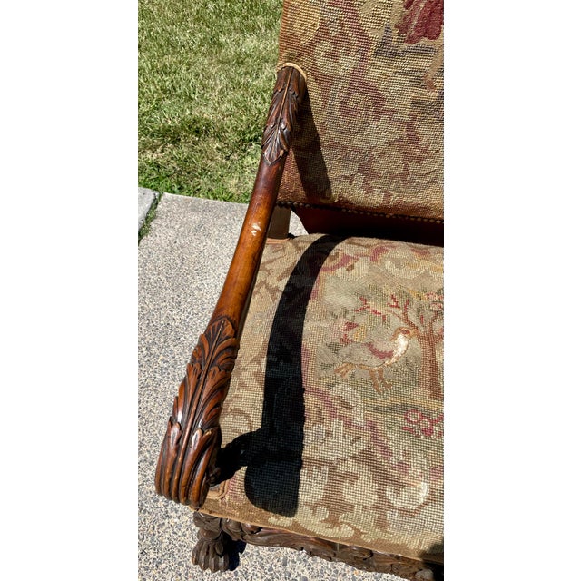 Late 19th Century Victorian Carved Wood Distressed Needlepoint Armchair Tall Back Throne Chair For Sale - Image 11 of 12