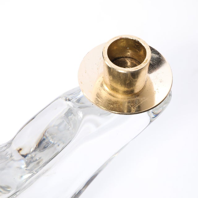 Metal Pair of Mid-Century Amorphic Crystal & Brass 3 Arm Candelabra Signed Schneider For Sale - Image 7 of 10