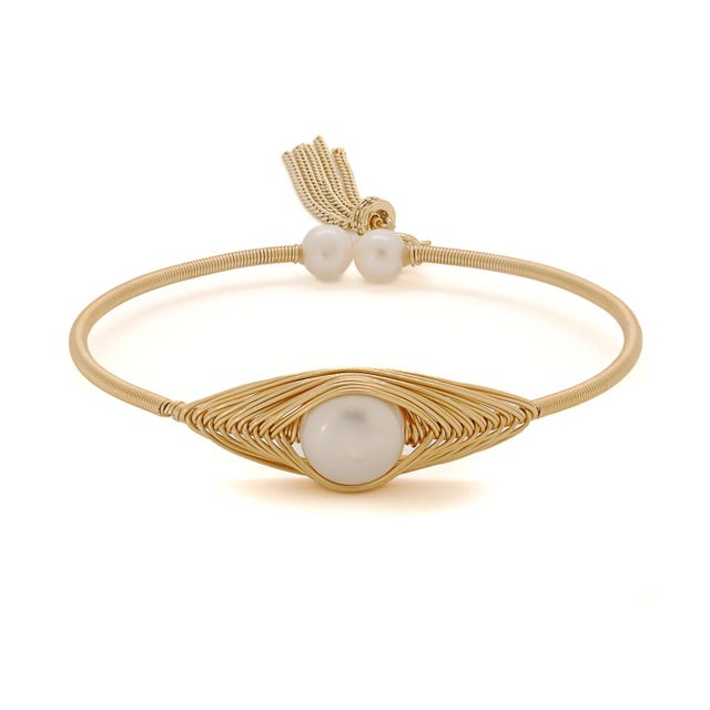 Cleopatra Gold & Pearl Tassel Cuff Bracelet For Sale - Image 9 of 9