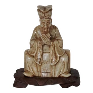 1920s Old Chinese Carved Stone Figure of Confucius on Stand For Sale