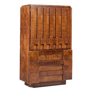 Lane Staccato Brutalist Mid Century Walnut Armoire Highboy Dresser For Sale