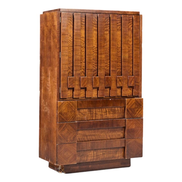 Lane Staccato Brutalist Mid Century Walnut Armoire Highboy Dresser For Sale