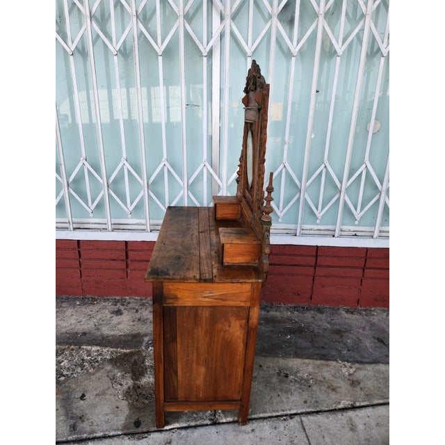 Antique Carved Wood Vanity Dresser With Mirror For Sale - Image 12 of 12