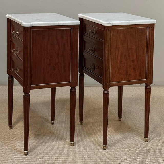 Pair Early 20th Century French Louis XVI Style Mahogany Marble Top Nightstands in the Manner of Maison Jansen For Sale - Image 14 of 18