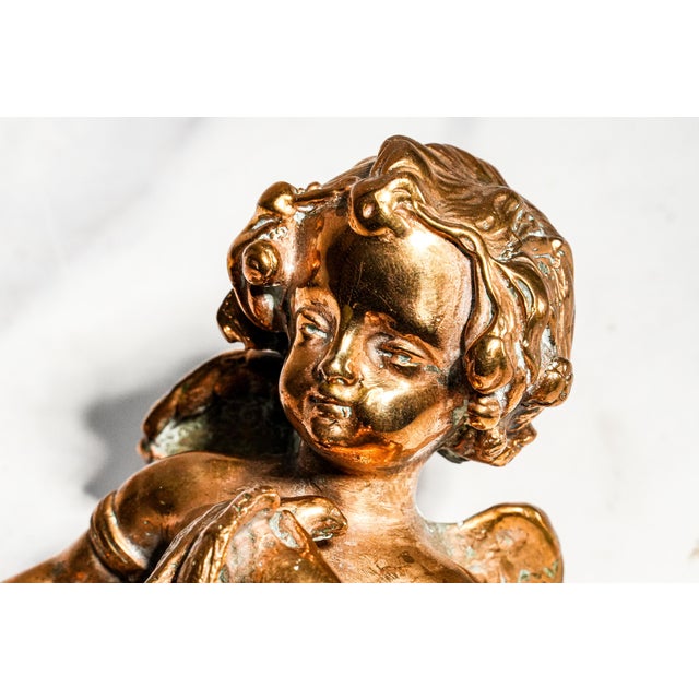 Heavy Classical Figurine Vintage Solid Metal Cherub Putti With Bird Sculpture Paperweight Home Decor Art For Sale - Image 4 of 13