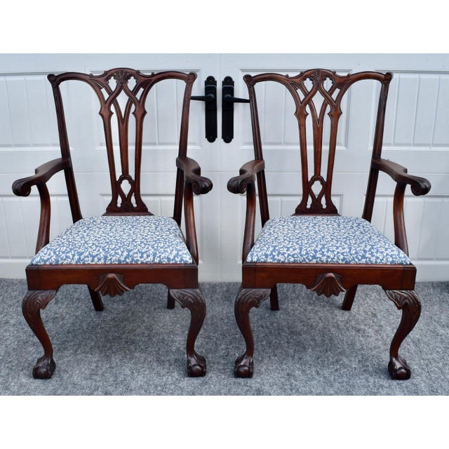 Antique Pair Mahogany Armchairs Chippendale Style Carved Ball Claw Foot Dining For Sale - Image 9 of 18