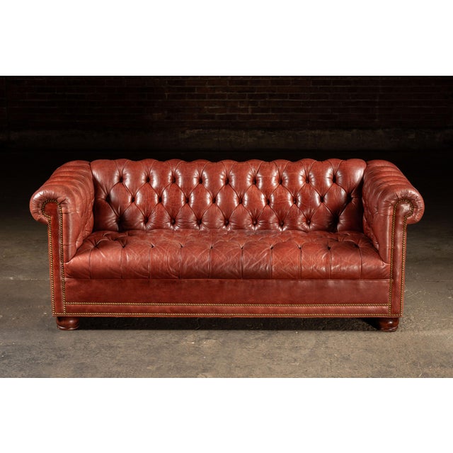 Vintage Burnt-Red Leather Tufted Chesterfield Sofa With Nailhead Trim For Sale - Image 4 of 18