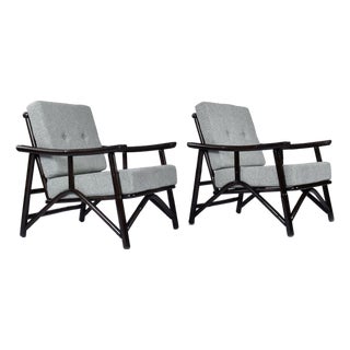 Pair John Wisner for Ficks Reed Far Horizons Light Blue Rattan Lounge Chairs For Sale