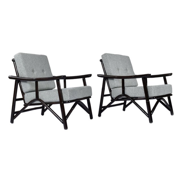 Pair John Wisner for Ficks Reed Far Horizons Light Blue Rattan Lounge Chairs For Sale