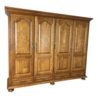 Vintage French Style Carved Oak 4-Door Armoire For Sale