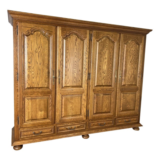 Vintage French Style Carved Oak 4-Door Armoire For Sale