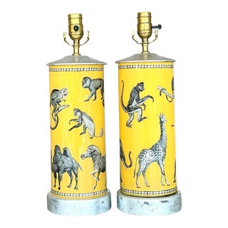 Vintage Boho Eglomise Glass Monkey Lamps - a Pair For Sale