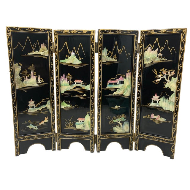 Mid 20th Century Small Table Top Vintage Black Hand-Painted, Lacquer and Mother of Pearl Chinoiserie Wood Screen For Sale - Image 5 of 5