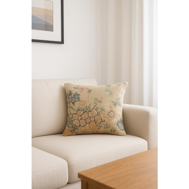 Turkish Vintage Turkish Rug Pillow Cover, Handwoven Wool Isparta Floral Cushion, Romantic Peach Sage Dusty Blue Boho Pillow, 16x16 In For Sale - Image 3 of 12