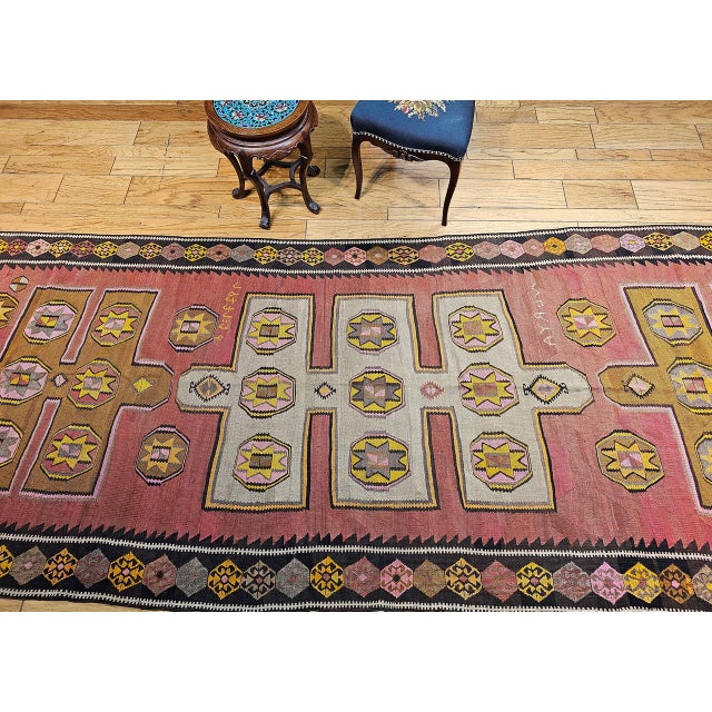 Turkish Vintage Anatolian Turkish Kilim Gallery Rug, Flat-Woven Geometric Pattern, Pink & Yellow, 5x13 For Sale - Image 3 of 14
