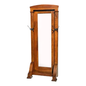 Early 20th Century Antique Arts & Crafts Tiger Oak Hall Tree With Beveled Mirror & Japanned Hooks