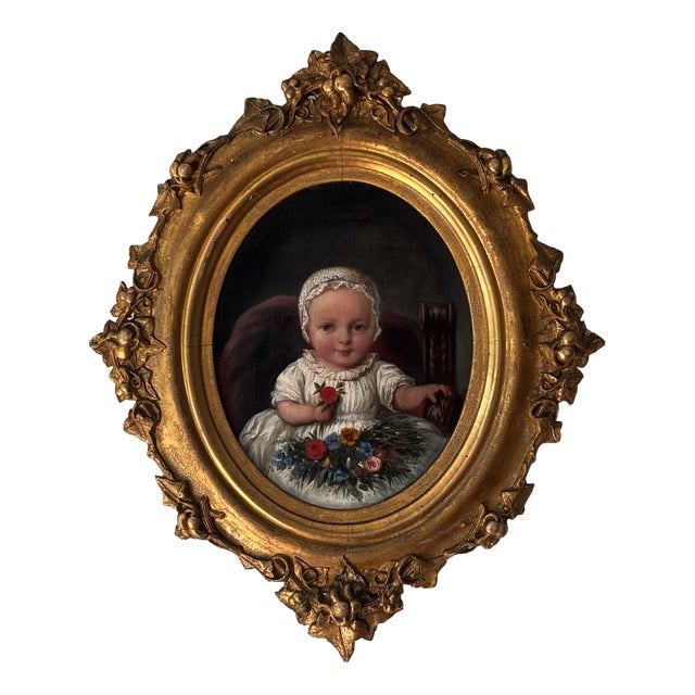 Victorian Artist, Baby Portrait with Flowers, Oil Painting, Framed For Sale