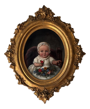 Victorian Artist, Baby Portrait with Flowers, Oil Painting, Framed