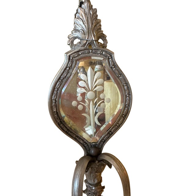 Pair of Beveled Mirrored Brass With Old Silver Plate and Crystal Double Sconces Circa 1910 For Sale In Los Angeles - Image 6 of 8