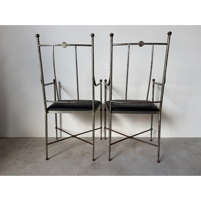 1970s Vintage Alberto Orlandi Giacometti-Style Metal Armchairs With Black Leather Seats – Pair For Sale - Image 5 of 17