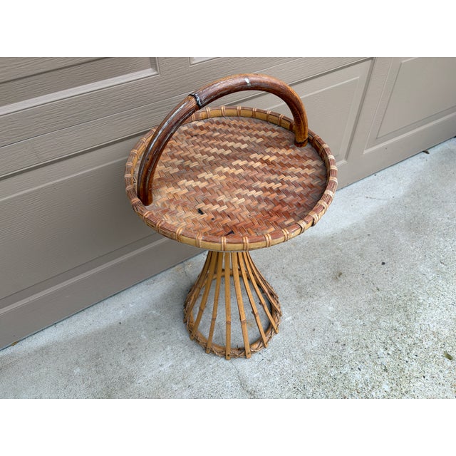 Mid 20th Century Mid-Century Palm Beach Bamboo & Woven Rattan Drinks Table With Carrying Handle For Sale - Image 5 of 12