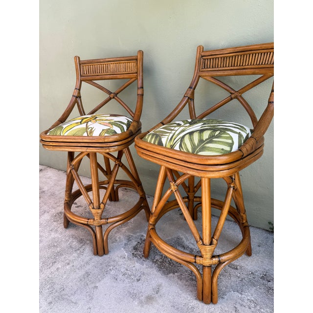 1960s Rare Trio of X-Back Bamboo Swivel Counter Stools (3) - Refurbished and Reupholstered For Sale - Image 11 of 12