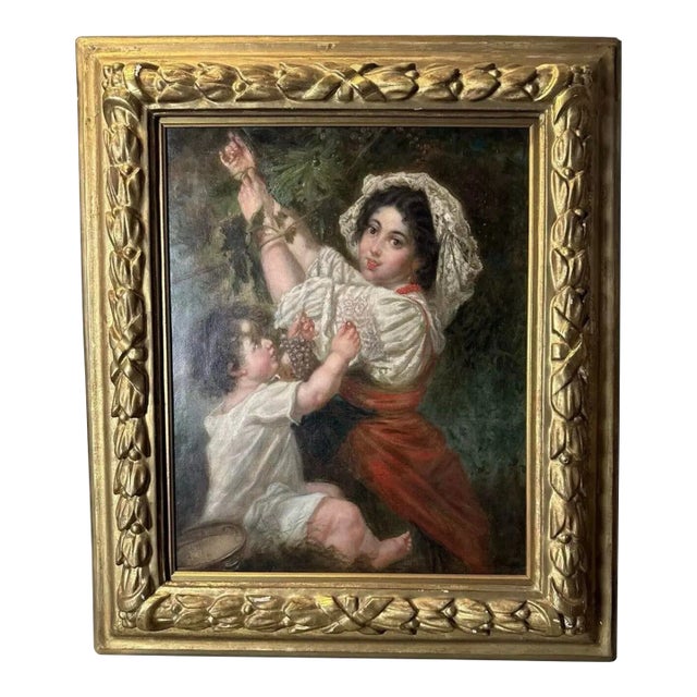 Antique Victorian French Continental Gilt Framed Genre Scene Oil Painting Mother & Child Picking Grapes For Sale