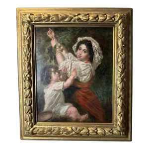 Antique Victorian French Continental Gilt Framed Genre Scene Oil Painting Mother & Child Picking Grapes