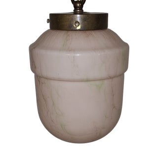 Antique Art Deco German Ceiling Lamp with Pink Marbled Glass Shade on a Brass Mount, 1920s For Sale