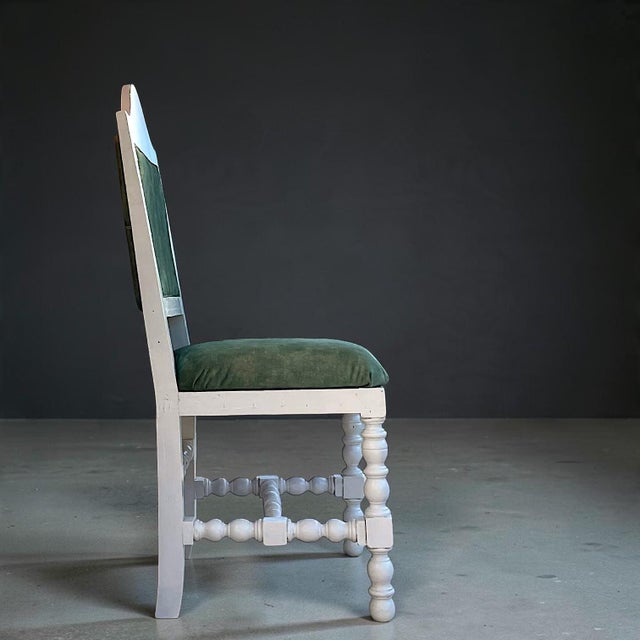 Rococo Antique Portuguese Wood Chair in Agua Green Velvet Fabric, 1920s For Sale - Image 3 of 10