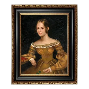 Portrait of a Woman in Yellow Dress Framed Oil Painting Print on Canvas in Black and Antiqued Gold Wood Frame. A 16" X 20" Framed to 22 X 26".