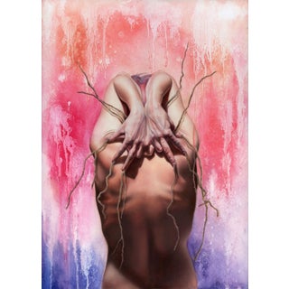 Symbiosis by Kierstin Young | Oil on masonite panel of a figure with intertwined hands and roots For Sale