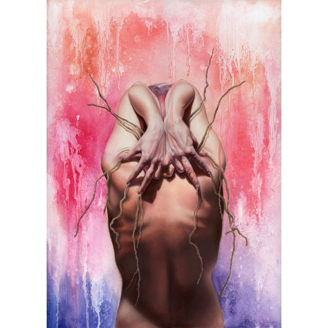 Symbiosis by Kierstin Young | Oil on masonite panel of a figure with intertwined hands and roots For Sale