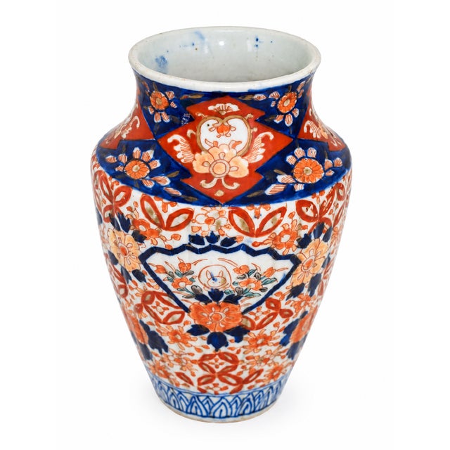 1990s Antique 19th Century Japanese Imari Porcelain Vase— Hand-Painted Cobalt, Iron-Red & Gilt — Ribbed Form For Sale - Image 5 of 10
