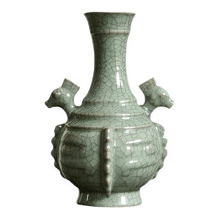 Chinese Ceramic Vase,Guan Ware Crackle Glaze Celadon Porcelain Double Ears Vase For Sale