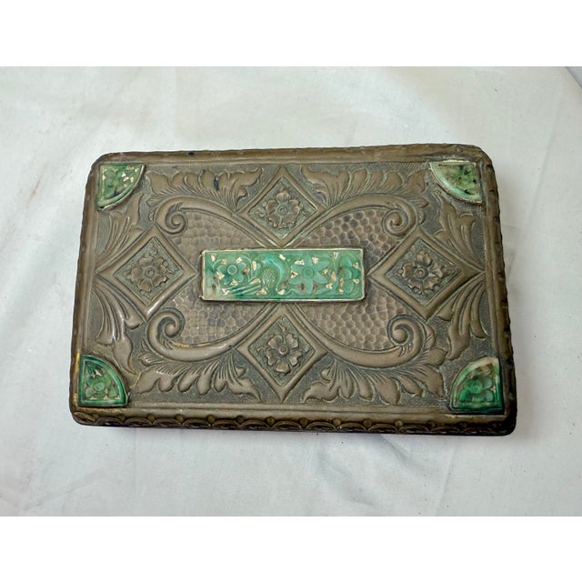 Antique 19th Century Hand Tooled Copper Carved Jade Stone Wood Cigarette Box For Sale - Image 4 of 13