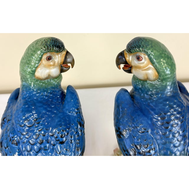 1940's Germany Hand Painted Large Porcelain Parrots- A Mirrored Pair For Sale - Image 10 of 18
