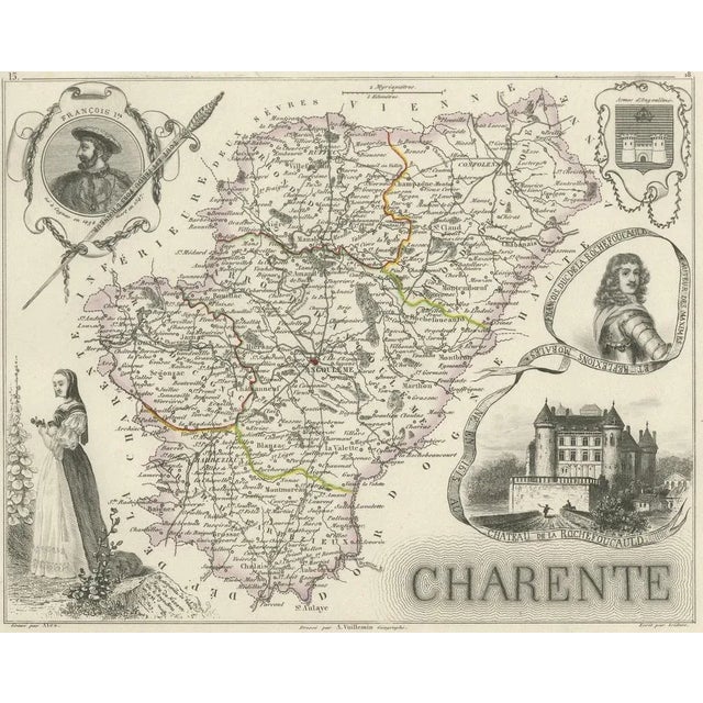 Black Map of Charente France with Cognac Region and Château De La Rochefoucauld, 1850 For Sale - Image 8 of 10