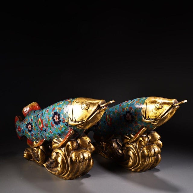 Late 19th Century Pair of Cloisonné Enamel Gilt Bronze Fish Figures, 5800g Total, Qianlong Mark For Sale - Image 4 of 10
