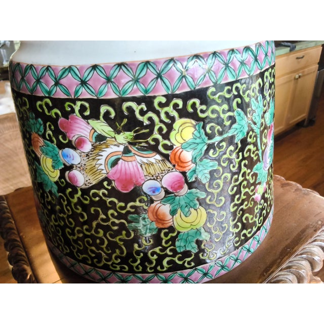 Antique Late Qing / Republic Period Chinese Famille Noire Porcelain Jardinière. Hand Painted. Medium Size. For Sale - Image 9 of 12
